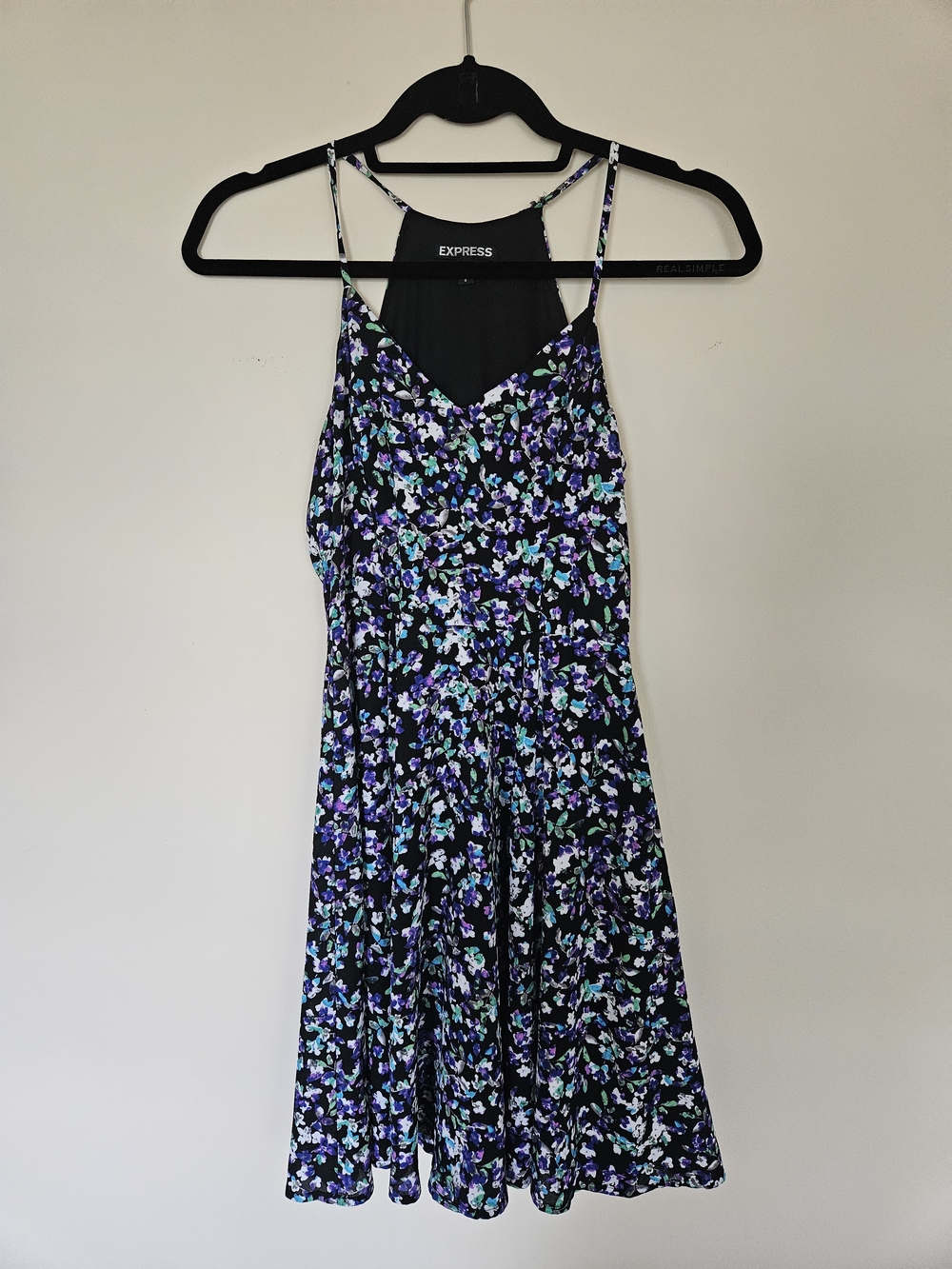 Express Floral Spaghetti Strap Dress in Black with Purple & Teal Flowers
